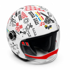 RYDR A Doodle White Graphic Half-Face Helmet for Men & Women